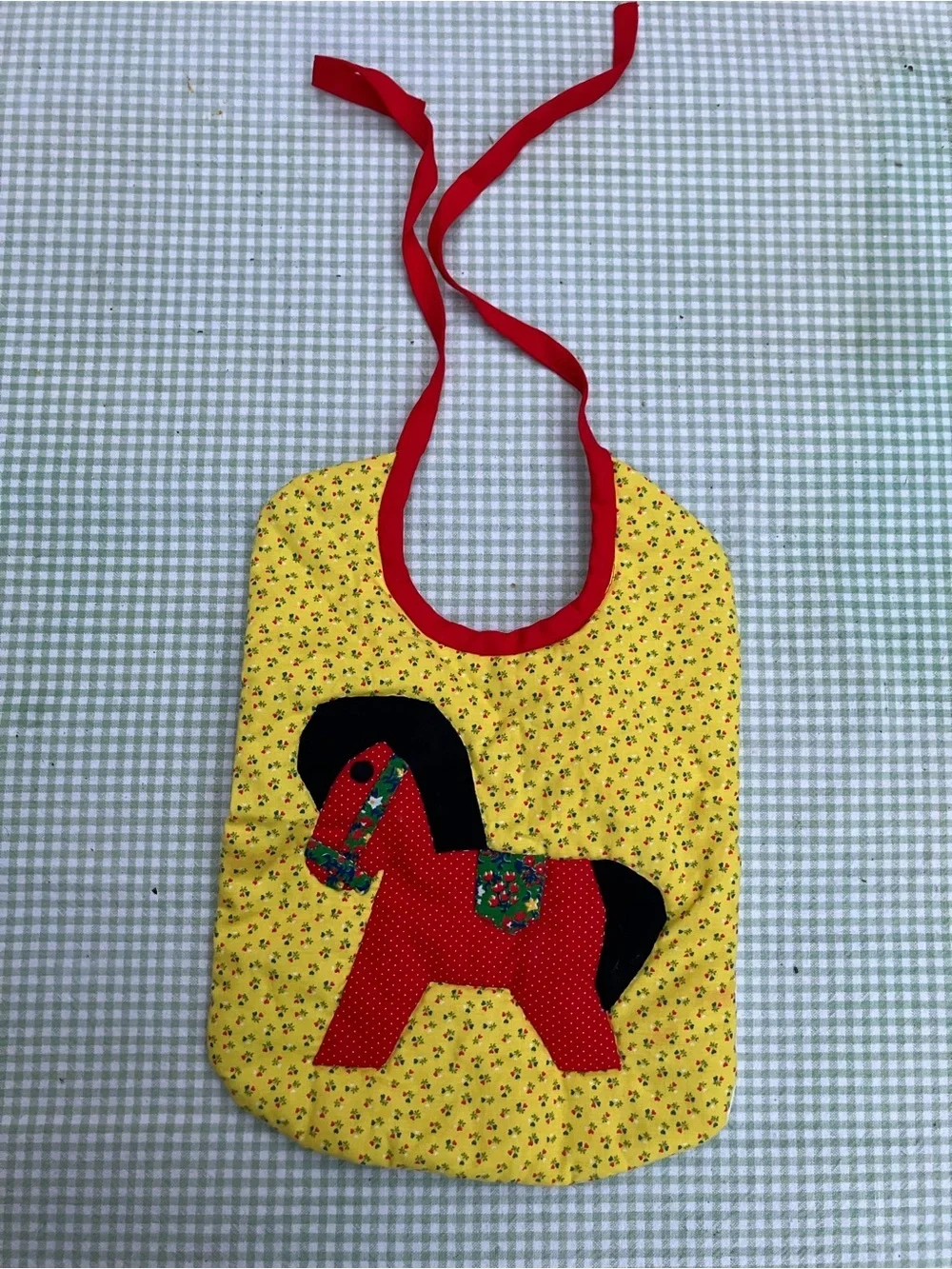 Vintage 1980’s applique quilted handmade bib rocking horse signed